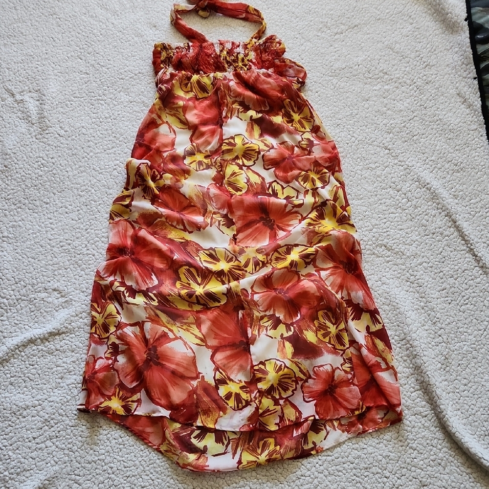 Xhilaration Red and Yellow Floral Halter Midi Dress Sz Small Island Girl Luau - Picture 10 of 16